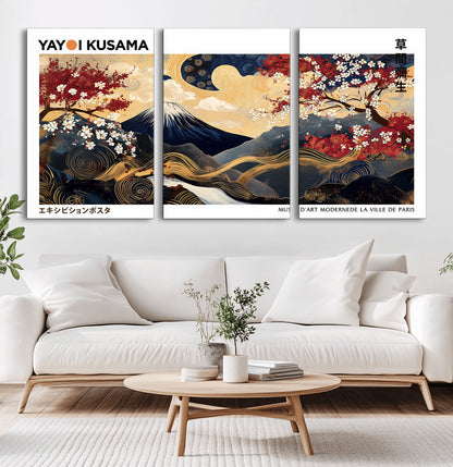 28945903-MGV-CV-60X30-3P-Yayoi Kusama Inspired Japanese Art Canvas Print – Framed Floral & Mt. Fuji Wall Decor, Modern Asian Style Canvas for Home, Office,
