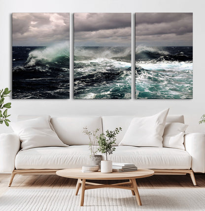38622353-MGV-CV-60X30-3P-Stormy Ocean Waves Canvas Wall Art – Framed Turbulent Sea Print, Large Nature Canvas for Coastal, Living Room, or Office Spaces