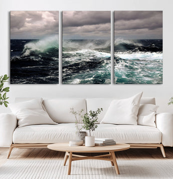 38622353-MGV-CV-36X24-Ocean Wave Wall Art – Dramatic Seascape Canvas Print with Stormy Sky and Crashing Sea, Bold Coastal Photography for Living Room,