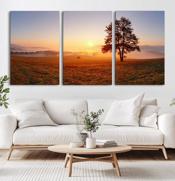 57919623-MGV-CV-36X24-Sunrise Landscape Wall Art – Golden Morning Canvas Print with Tree, Misty Hills and Open Field, Peaceful Nature Photography for