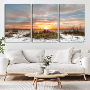58266230-MGV-CV-36X24-Beach Sunset Wall Art – Coastal Canvas Print with Sandy Dunes, Sea Grass and Golden Sky, Serene Ocean Landscape Photography for