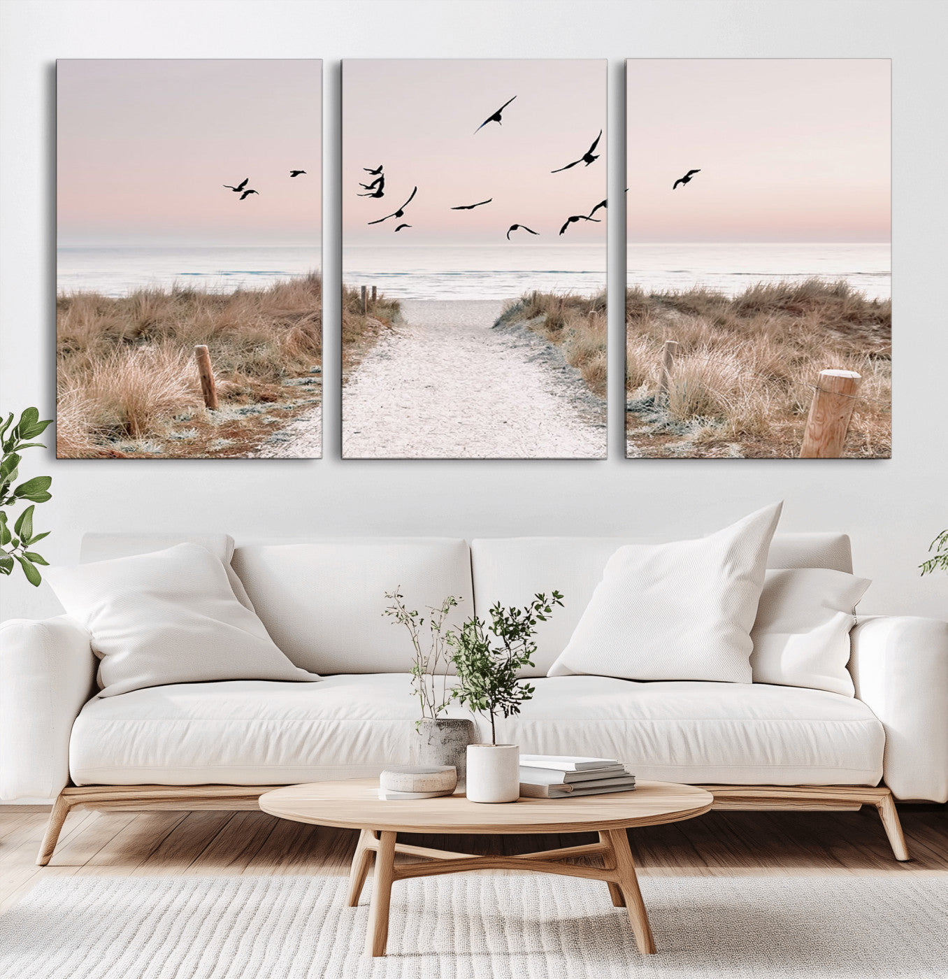 34632598-MGV-CV-60X30-3P-Coastal Pathway Canvas Wall Art – Framed Seaside Landscape, Large Beach and Birds Canvas Print for Home, Office, or Living Room