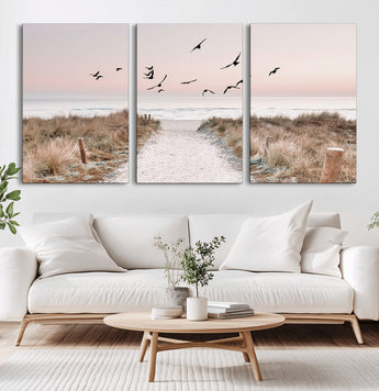 34632598-MGV-CV-60X30-3P-Coastal Pathway Canvas Wall Art – Framed Seaside Landscape, Large Beach and Birds Canvas Print for Home, Office, or Living Room