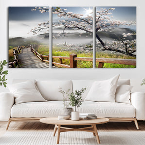 34632598CRY-MGV-CV-36X24-Cherry Blossom Wall Art – Scenic Asian Landscape Canvas Print with Wooden Walkway, Misty Mountains and Sunrise, Serene Nature