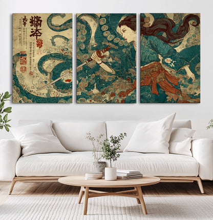 46837670-MGV-CV-60X30-3P-Tsukioka Yoshitoshi Samurai Wall Art Print, Japanese Katana Warrior Canvas Wall Art, Octopus Sea Monster Canvas Print,