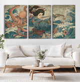 52037775-MGV-CV-36X24-Samurai Woman Wall Art – Japanese Ukiyo e Style Canvas Print with Katana, Ocean Waves and Octopus, Traditional Asian Inspired