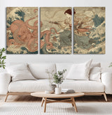 54879547-MGV-CV-60X30-3P-Tsukioka Yoshitoshi Samurai Wall Art Print, Japanese Katana Warrior Canvas Wall Art, Octopus Sea Monster Canvas Print,