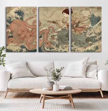 54879547-MGV-CV-36X24-Samurai Woman Wall Art – Japanese Ukiyo-e Style Canvas Print with Katana and Octopus, Traditional Asian Inspired Battle Artwork