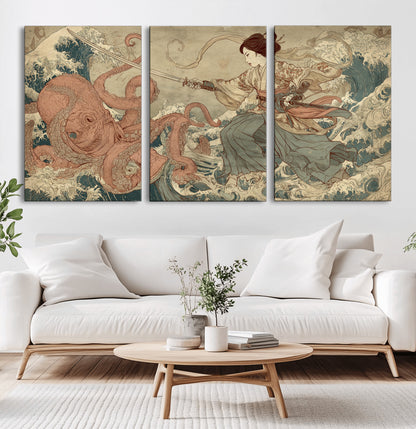 54879547-MGV-CV-36X24-Samurai Woman Wall Art – Japanese Ukiyo-e Style Canvas Print with Katana and Octopus, Traditional Asian Inspired Battle Artwork