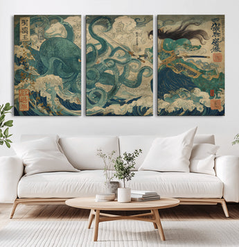 60346622-MGV-CV-60X30-3P-Tsukioka Yoshitoshi Samurai Wall Art Print, Japanese Katana Warrior Canvas Wall Art, Octopus Sea Monster Canvas Print,