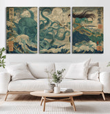 60346622-MGV-CV-36X24-Samurai Warrior vs Octopus Wall Art – Japanese Ukiyo-e Style Ocean Battle Canvas Print, Traditional Samurai Artwork for Living