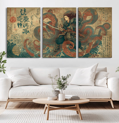 98593115-MGV-CV-60X30-3P-Tsukioka Yoshitoshi Samurai Wall Art Print, Japanese Katana Warrior Canvas Wall Art, Octopus Sea Monster Canvas Print,