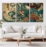 18575670-MGV-CV-36X24-Samurai Woman vs Octopus Wall Art – Japanese Ukiyo-e Ocean Battle Canvas Print, Traditional Warrior Artwork for Living Room,