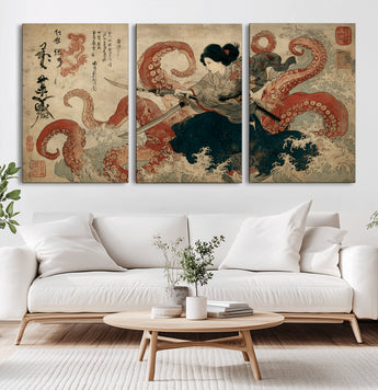 50812504-MGV-CV-36X24-Samurai Woman vs Octopus Wall Art – Japanese Ukiyo-e Red Tentacle Canvas Print, Ocean Battle Artwork for Living Room, Office, Man