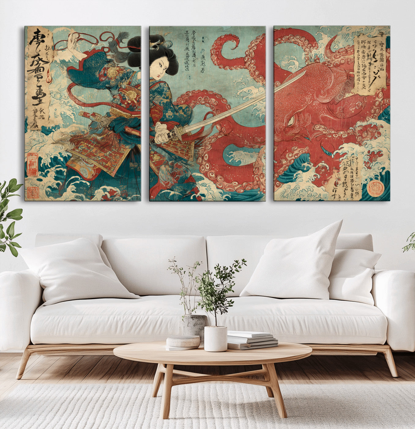 68844327-MGV-CV-60X30-3P-Tsukioka Yoshitoshi Samurai Wall Art Print, Japanese Katana Warrior Canvas Wall Art, Octopus Sea Monster Canvas Print,
