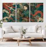 35461724-MGV-CV-36X24-Samurai Woman vs Octopus Wall Art – Japanese Ukiyo-e Ocean Waves Canvas Print, Red Tentacle Battle Artwork for Living Room,