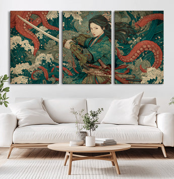 35461724-MGV-CV-36X24-Samurai Woman vs Octopus Wall Art – Japanese Ukiyo-e Ocean Waves Canvas Print, Red Tentacle Battle Artwork for Living Room,