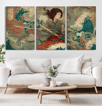 63377977-MGV-CV-60X30-3P-Tsukioka Yoshitoshi Samurai Wall Art Print, Japanese Katana Warrior Canvas Wall Art, Octopus Sea Monster Canvas Print,
