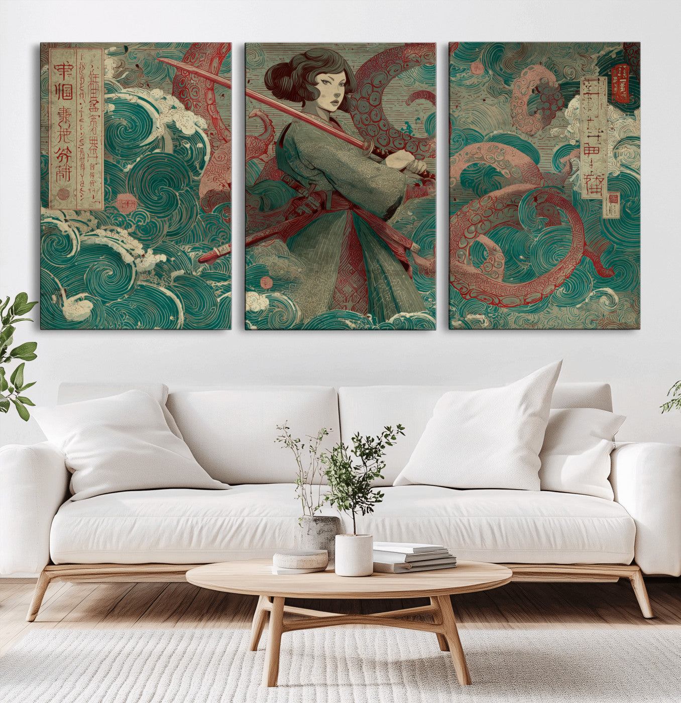 91666601-MGV-CV-36X24-Samurai Woman vs Octopus Wall Art – Japanese Ukiyo-e Green Robe Canvas Print, Ocean Battle Artwork for Living Room, Office, Man