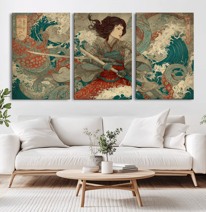 37797255-MGV-CV-36X24-Samurai Woman vs Octopus Wall Art – Japanese Ukiyo-e Red Armor Ocean Battle Canvas Print, Warrior Artwork for Living Room, Office,