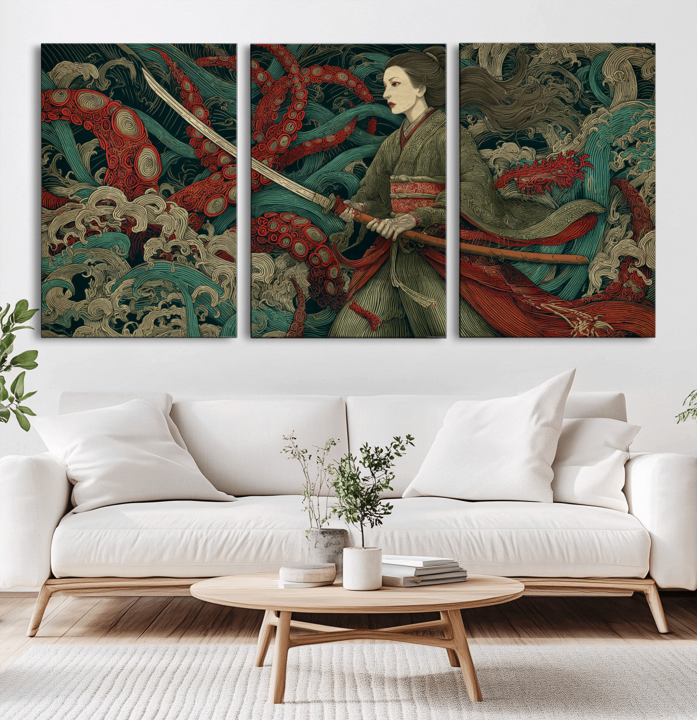 18902796-MGV-CV-36X24-Samurai Woman vs Octopus Wall Art – Japanese Ukiyo-e Green Kimono Canvas Print, Ocean Battle Scene Artwork for Living Room,