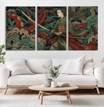 18902796-MGV-CV-36X24-Samurai Woman vs Octopus Wall Art – Japanese Ukiyo-e Green Kimono Canvas Print, Ocean Battle Scene Artwork for Living Room,