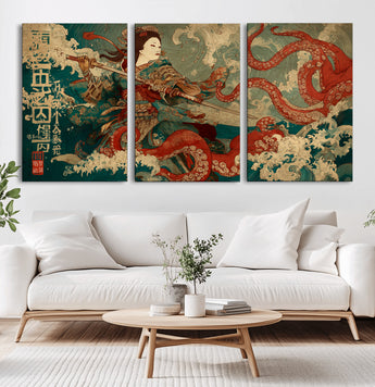 60201267-MGV-CV-36X24-Samurai Woman vs Octopus Wall Art – Japanese Ukiyo-e Armor Canvas Print, Red Tentacle Ocean Battle Artwork for Living Room,