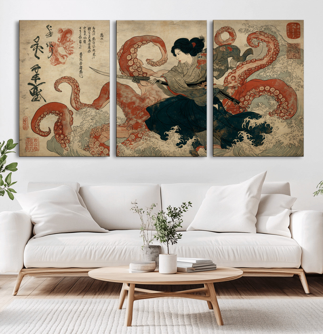 82737246-MGV-CV-36X24-Samurai Woman vs Octopus Wall Art – Japanese Ukiyo-e Dual Sword Canvas Print, Red Tentacle Ocean Battle Artwork for Living Room,