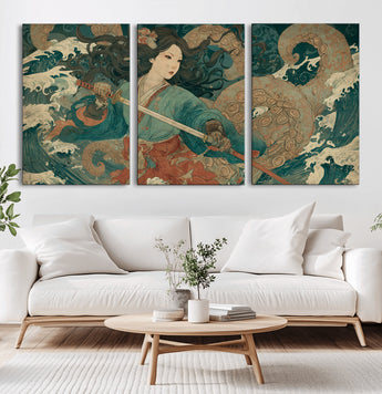 79740258-MGV-CV-60X30-3P-Tsukioka Yoshitoshi Samurai Wall Art Print, Japanese Katana Warrior Canvas Wall Art, Octopus Sea Monster Canvas Print,