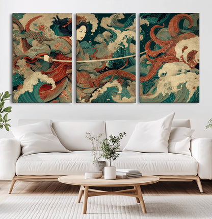 30212982-MGV-CV-36X24-Samurai Woman vs Octopus Wall Art – Japanese Ukiyo-e Style Warrior and Sea Monster Canvas Print, Mythology Inspired Artwork for