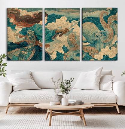 99764195-MGV-CV-36X24-Samurai vs Octopus Wall Art – Japanese Ukiyo-e Style Warrior and Sea Monster Canvas Print, Mythology Inspired Artwork for Living