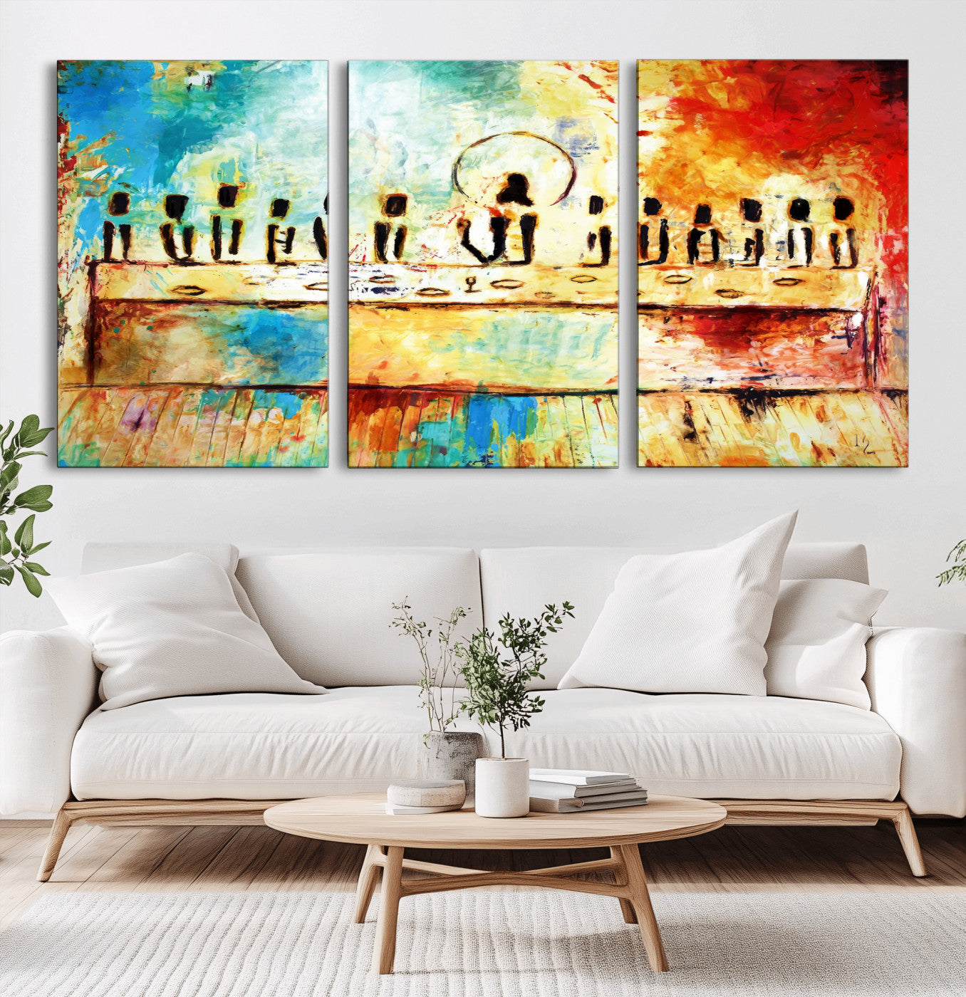 YKE34632598CR-MGV-CV-60X30-3P-Abstract Last Supper with Apostles Wall Art Canvas Print