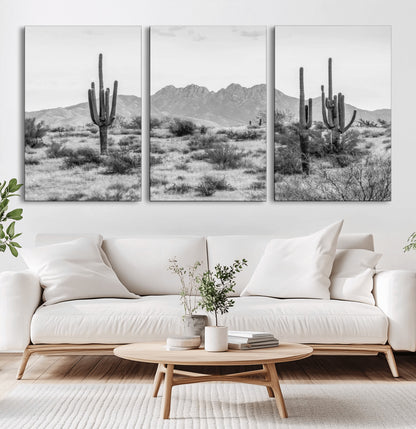 97436PHN-MGV-CV-36X24-Desert Landscape Wall Art – Black and White Cactus and Mountain Canvas Print, Southwestern Nature Photography for Living Room,
