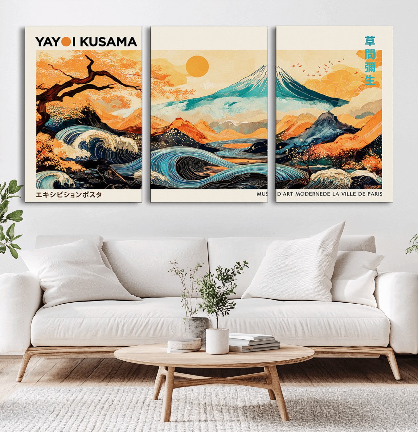 94085549-MGV-CV-60X30-3P-Yayoi Kusama Inspired Japanese Landscape Art Print – Vibrant Mount Fuji, Waves & Autumn Trees, Modern Decorative Poster for