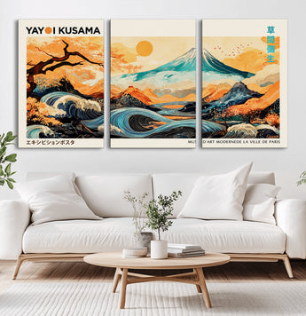 94085549-MGV-CV-60X30-3P-Yayoi Kusama Inspired Japanese Landscape Art Print – Vibrant Mount Fuji, Waves & Autumn Trees, Modern Decorative Poster for