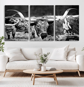 15425553-MGV-CV-36X24-Western Wall Art – Longhorn Cattle Black and White Canvas Print, Rustic Ranch Photography Decor for Bedroom, Living Room, Office,