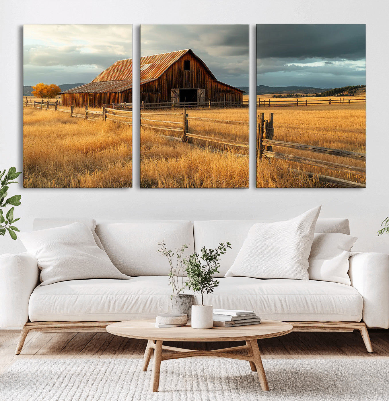 16480179-MGV-CV-36X24-Farmhouse Wall Art – Rustic Barn and Golden Field Canvas Print, Country Landscape Photography Decor for Bedroom, Living Room,