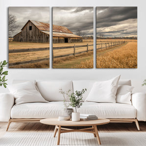 21991117-MGV-CV-36X24-Rustic Barn Wall Art – Weathered Farmhouse Canvas Print, Stormy Sky and Golden Field Photography Decor for Bedroom, Living Room,