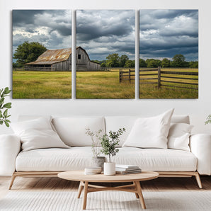 39409517-MGV-CV-36X24-Rustic Barn Wall Art – Weathered Farmhouse and Storm Clouds Canvas Print, Country Landscape Photography Decor for Bedroom, Living