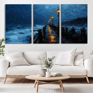48300530-MGV-CV-36X24-Night Pier Wall Art – Moody Ocean Boardwalk Canvas Print, Impressionist Coastal Seascape Painting Decor for Living Room, Office,