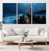 48300530-MGV-CV-36X24-Night Pier Wall Art – Moody Ocean Boardwalk Canvas Print, Impressionist Coastal Seascape Painting Decor for Living Room, Office,
