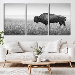 90861202-MGV-CV-36X24-Black and White Bison Canvas Wall Art – Rustic American Buffalo Print, Western Wildlife Photography for Farmhouse, Cabin, Office