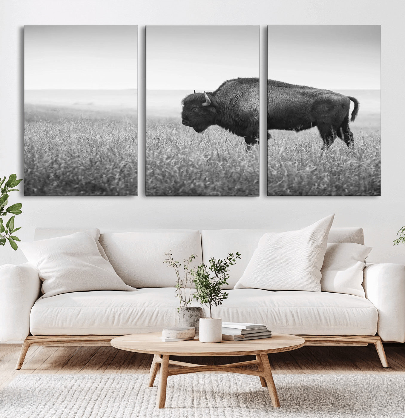 90861202-MGV-CV-36X24-Black and White Bison Canvas Wall Art – Rustic American Buffalo Print, Western Wildlife Photography for Farmhouse, Cabin, Office