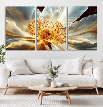 20862576-MGV-CV-36X24-Golden Abstract Flower Canvas Wall Art – Modern Botanical Bloom Print, Elegant Floral Artwork for Living Room, Bedroom, Office