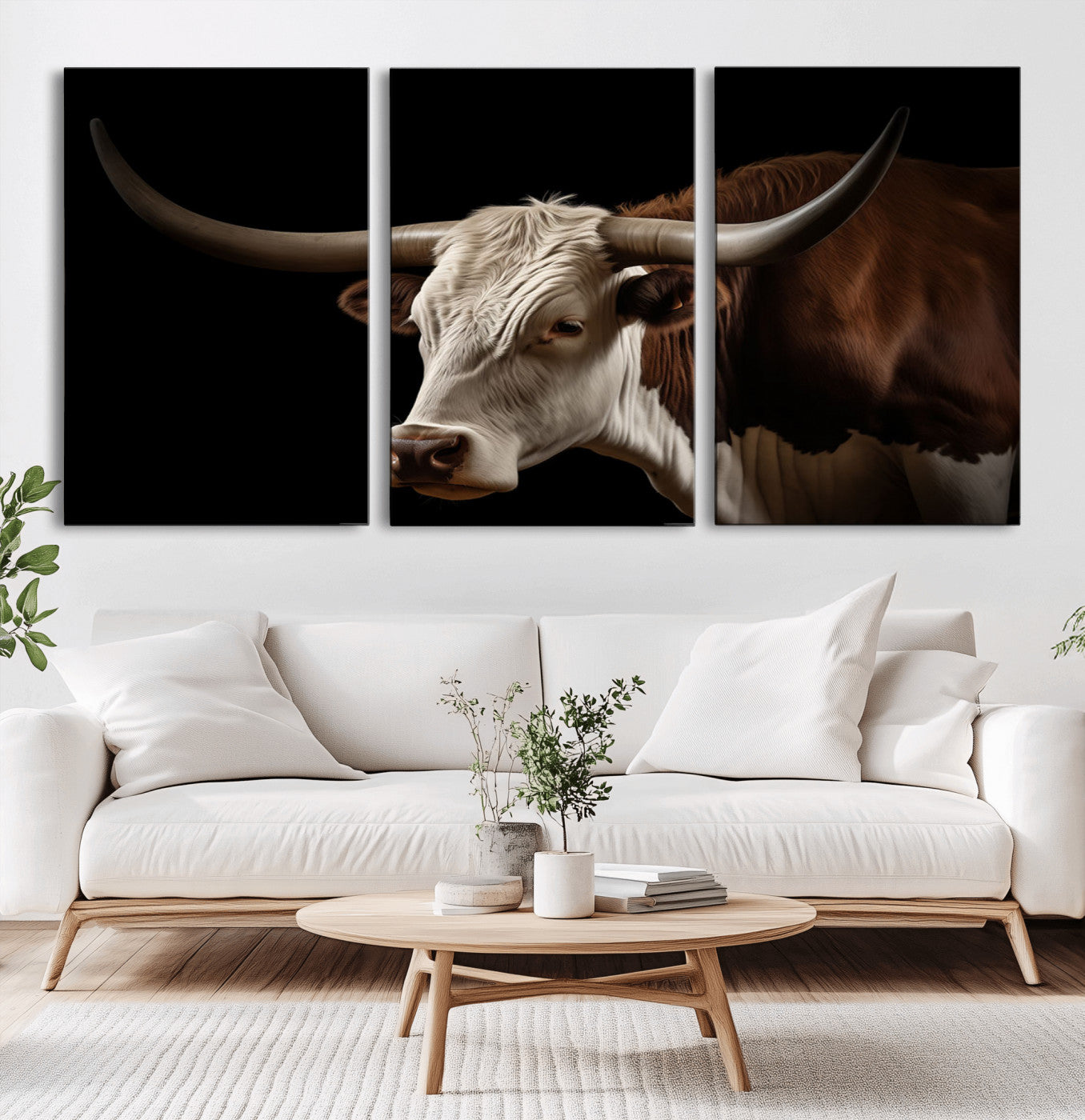 27414857-MGV-CV-60X30-3P-Texas Longhorn Bull Canvas Wall Art – Rustic Western Farmhouse Decor, Brown & White Cow Portrait, Animal Print for Ranch Home