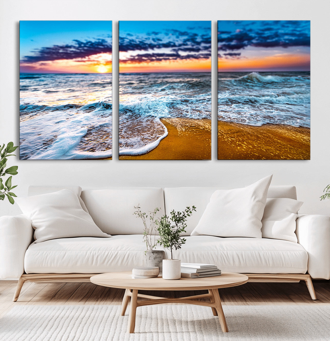 24077769-MGV-CV-36X24-Sunset Beach Wall Art – Ocean Waves Canvas Print, Golden Shoreline Photography Coastal Decor for Living Room, Bedroom, Office,