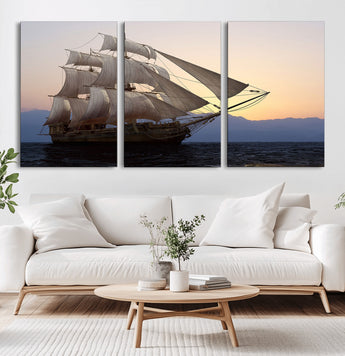 99957679-MGV-CV-36X24-Majestic Sailing Ship Wall Art – Sunset Ocean Voyage, Classic Tall Ship with Wind Filled Sails Canvas Print for Home, Office,