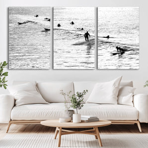 68018616-MGV-CV-36X24-Black and White Surf Photography Print – Minimalist Ocean Wall Art, Surfers Riding Waves, Coastal Beach Decor for Modern Home or