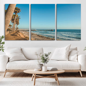 92568259-MGV-CV-36X24-California Beach Wall Art – Palm Tree Pier Canvas Print, Coastal Ocean Photography Seaside Decor for Living Room, Bedroom, Office,
