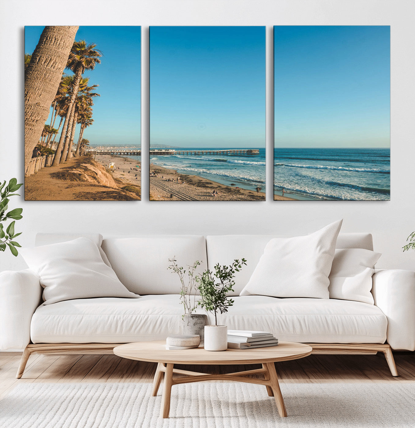 92568259-MGV-CV-36X24-California Beach Wall Art – Palm Tree Pier Canvas Print, Coastal Ocean Photography Seaside Decor for Living Room, Bedroom, Office,